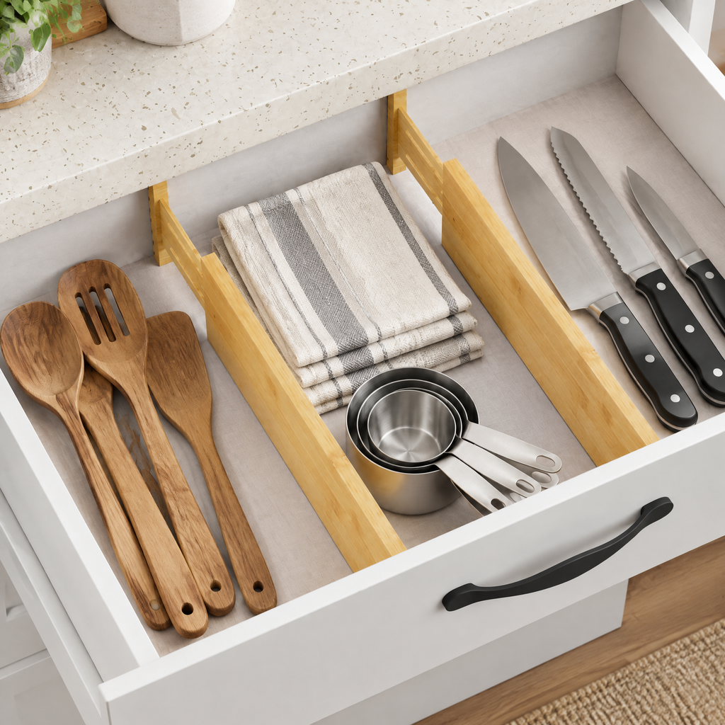 Expandable adjustable bamboo deep drawer dividers with labels, set of 2 sturdy drawer organizers for kitchen, dressers, bathroom and home office storage