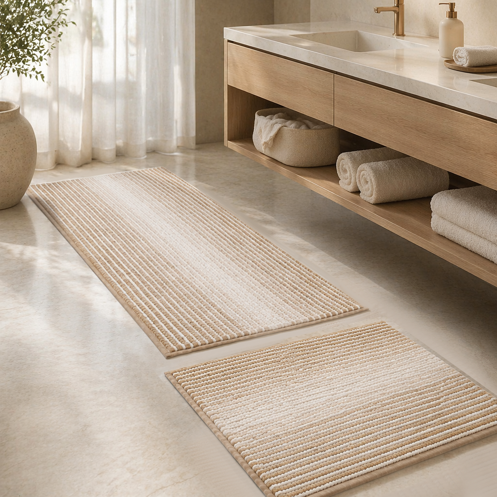 Boho Striped Chenille Bath Mat Set of 2, Absorbent Quick‑Dry Non‑Slip Bathroom Rugs, Machine Washable Shower Floor Carpets for Bathroom & Bedroom Decoration