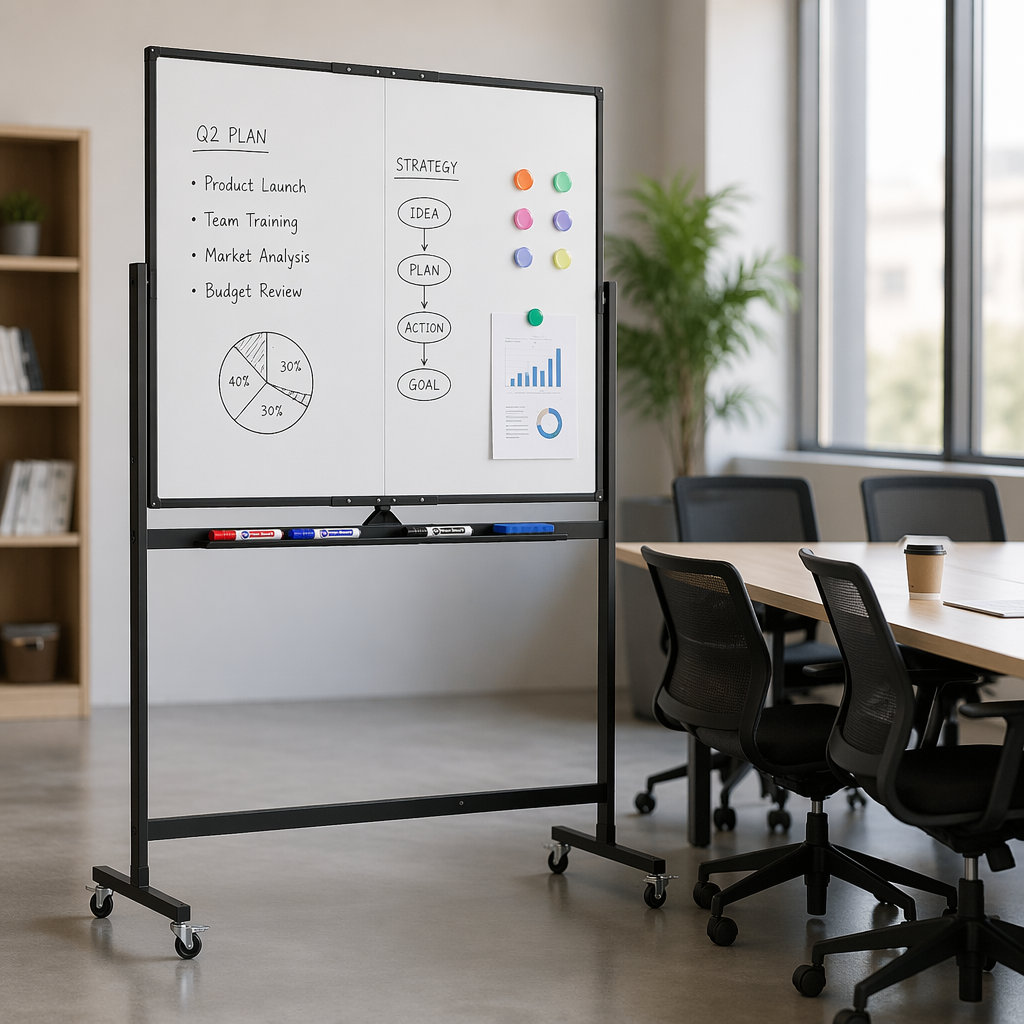 Double‑Sided Magnetic Rolling Dry Erase Whiteboard with Wheels, Mobile Standing Easel White Board with Metal Stand, Portable Reversible White Board for Home, Office, Classroom and School Use