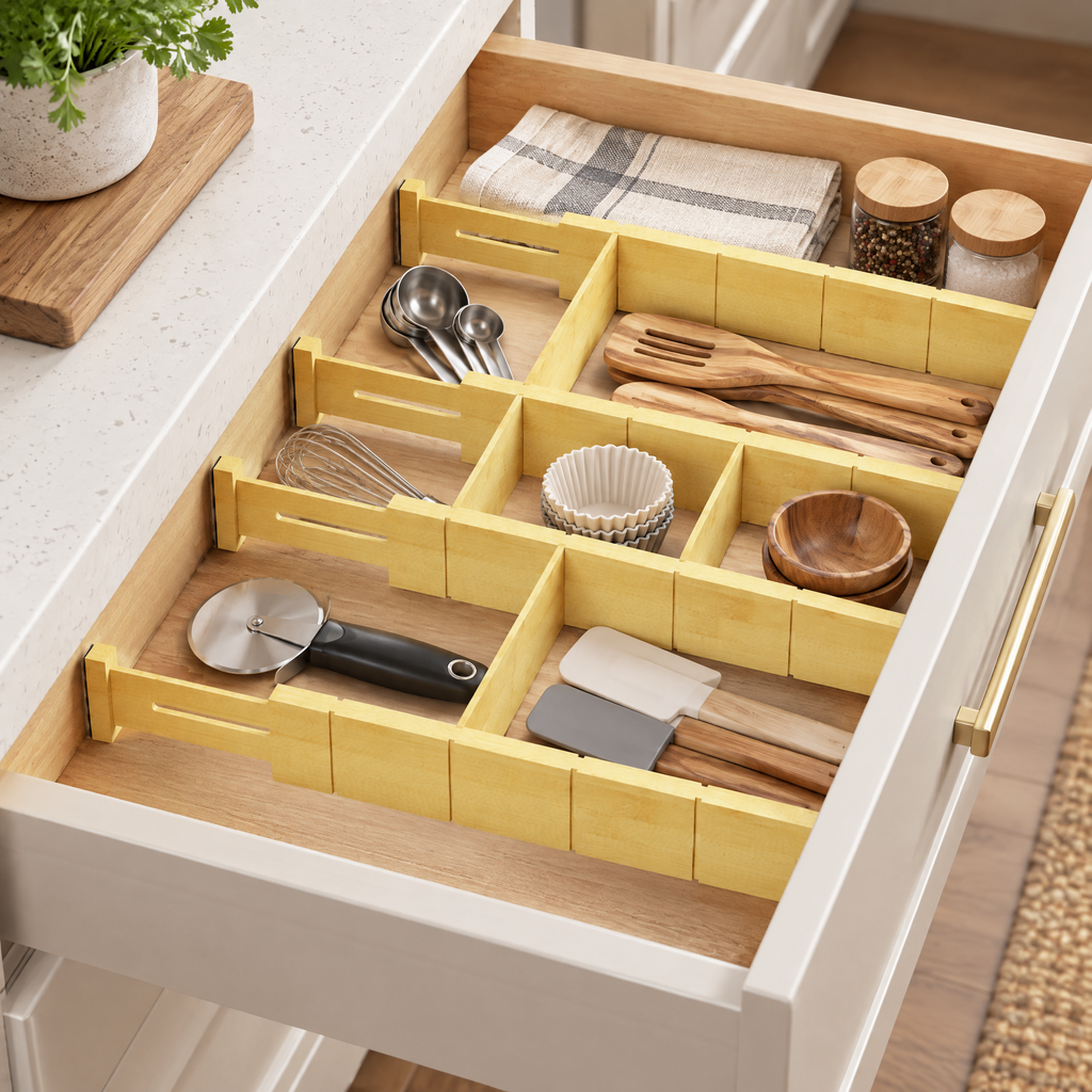 Adjustable Bamboo Drawer Divider Organizer with Inserts & Labels, Expandable Drawer Separators, 4‑Divider 9‑Insert Set for Kitchen, Dresser and Office