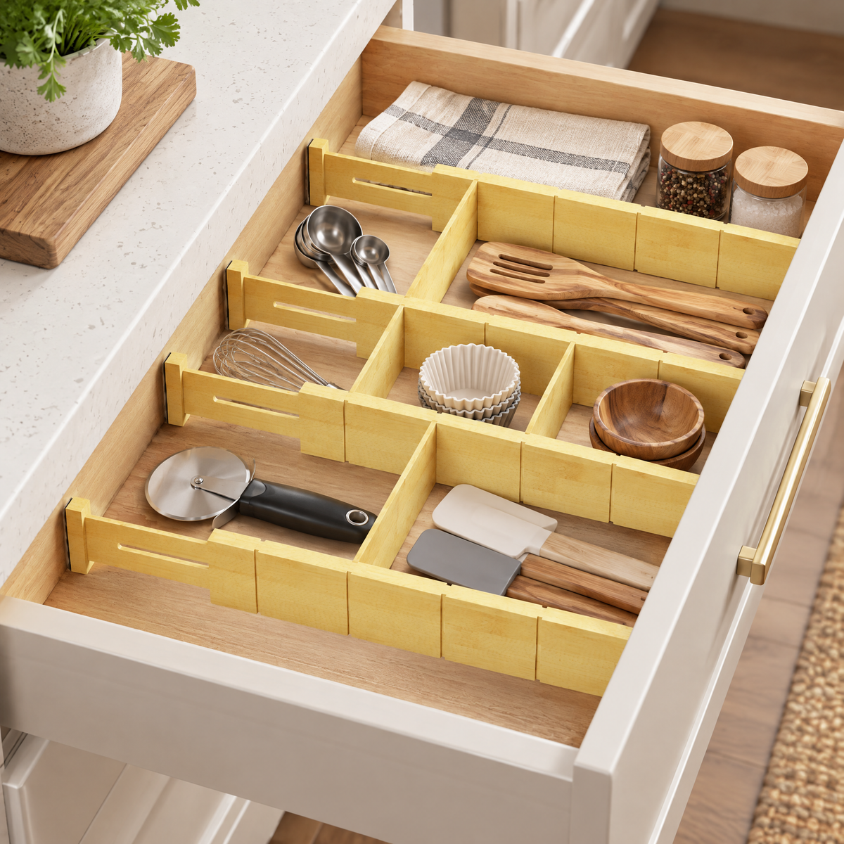 Adjustable Bamboo Drawer Divider Organizer with Inserts & Labels, Expandable Drawer Separators, 4‑Divider 9‑Insert Set for Kitchen, Dresser and Office