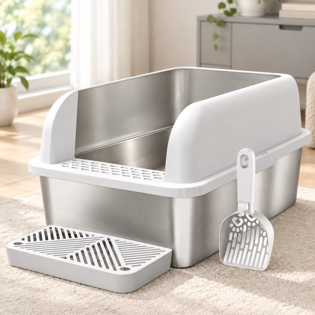 Enclosed Stainless Steel Cat Litter Box for Big Cats, Extra Large Hooded Metal Kitty Litter Pan, Odor Control Anti-Splash Cat Toilet for Indoor Large Breeds