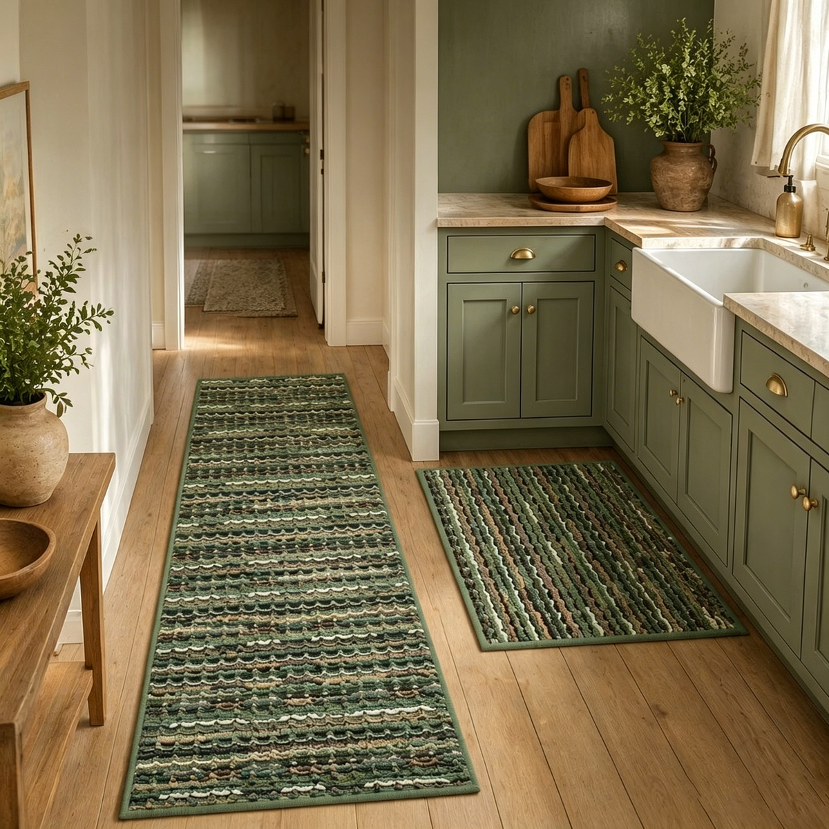 2‑Piece Kitchen Rug Set, Vintage Farmhouse Non‑Slip Floor Mats with Rubber Backing, Stain‑Resistant Washable Runner Rugs for Kitchen, Hallway, Entryway and Laundry Room