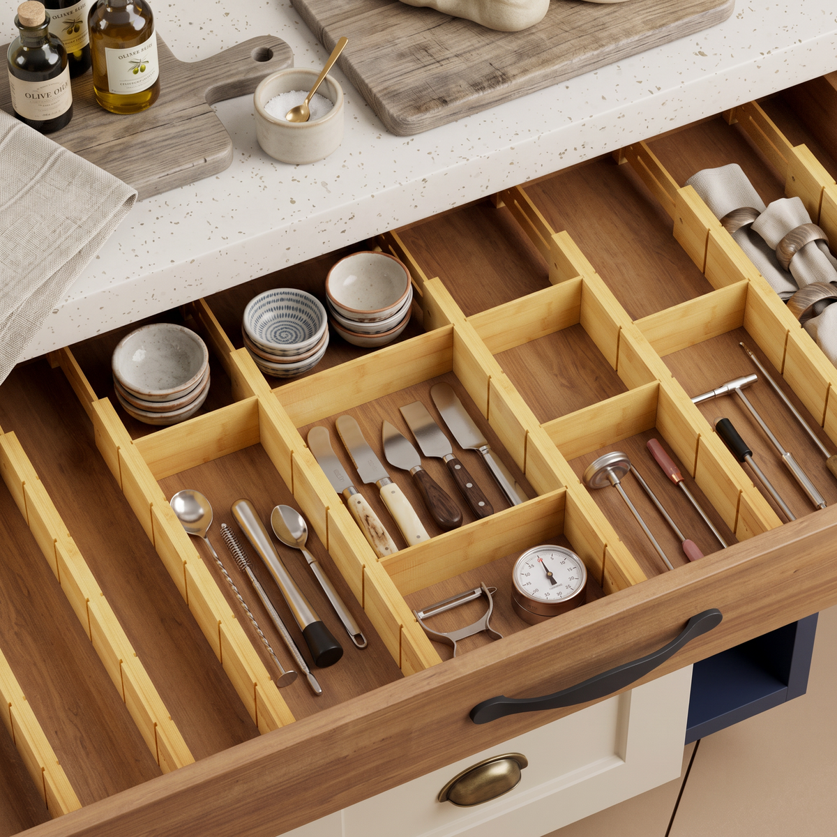 Expandable adjustable bamboo drawer dividers with inserts and labels, set of 8 dividers plus 18 inserts for kitchen, dressers, bathroom and home office storage