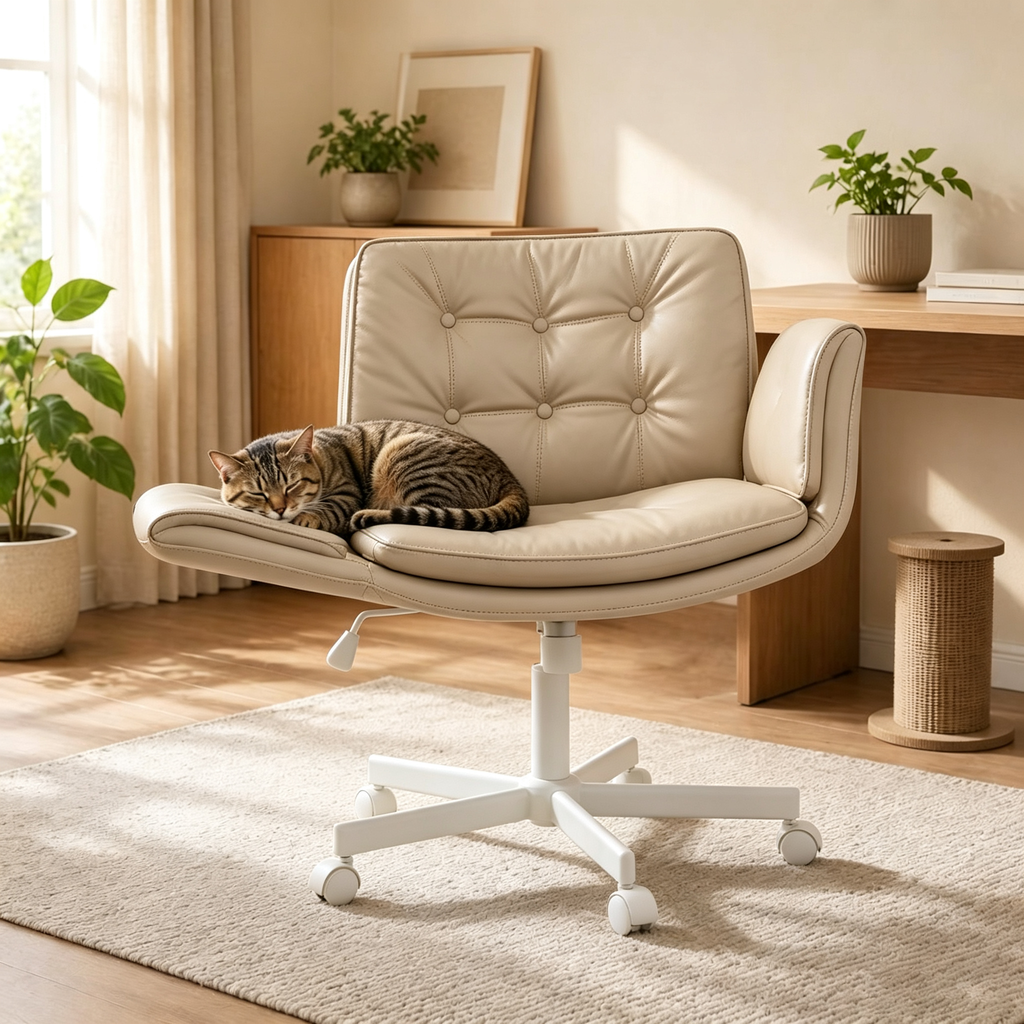 Criss Cross Swivel Office Chair with Wheels, Cross-Legged Makeup Vanity Desk Chair, Wide PU Leather Seat, 5-Gear Adjustable Armrests, Pet-Friendly Armchair for Office