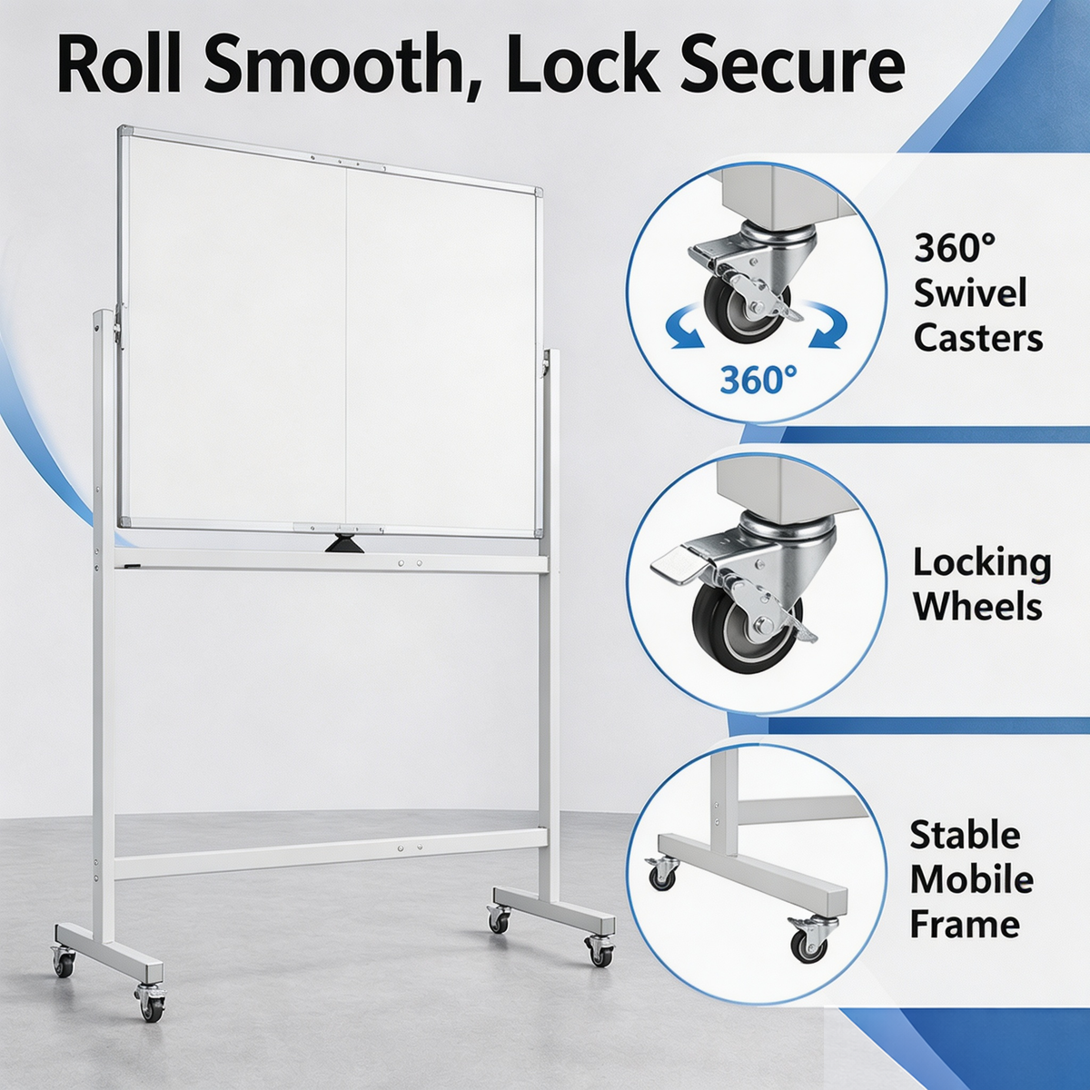 Double‑Sided Magnetic Rolling Dry Erase Whiteboard with Wheels, Mobile Standing Easel White Board with Metal Stand, Portable Reversible White Board for Home, Office, Classroom and School Use