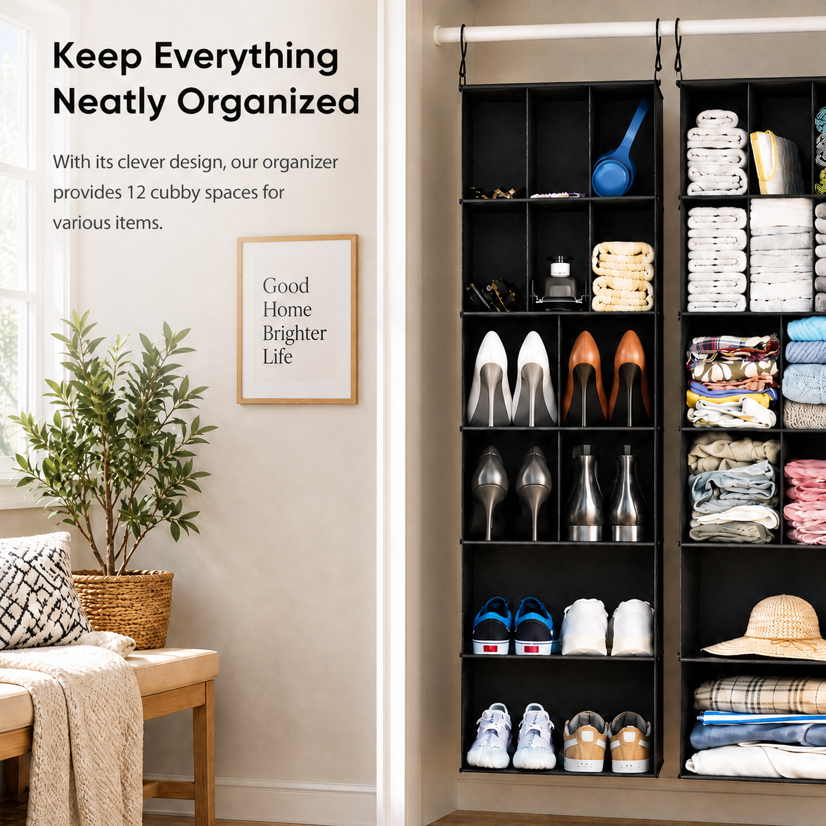2‑pack hanging closet shoe organizer with dividers, 24‑compartment hanging shoe shelves offering tidy storage for closet, wardrobe, RV interior and freestanding garment rack organization