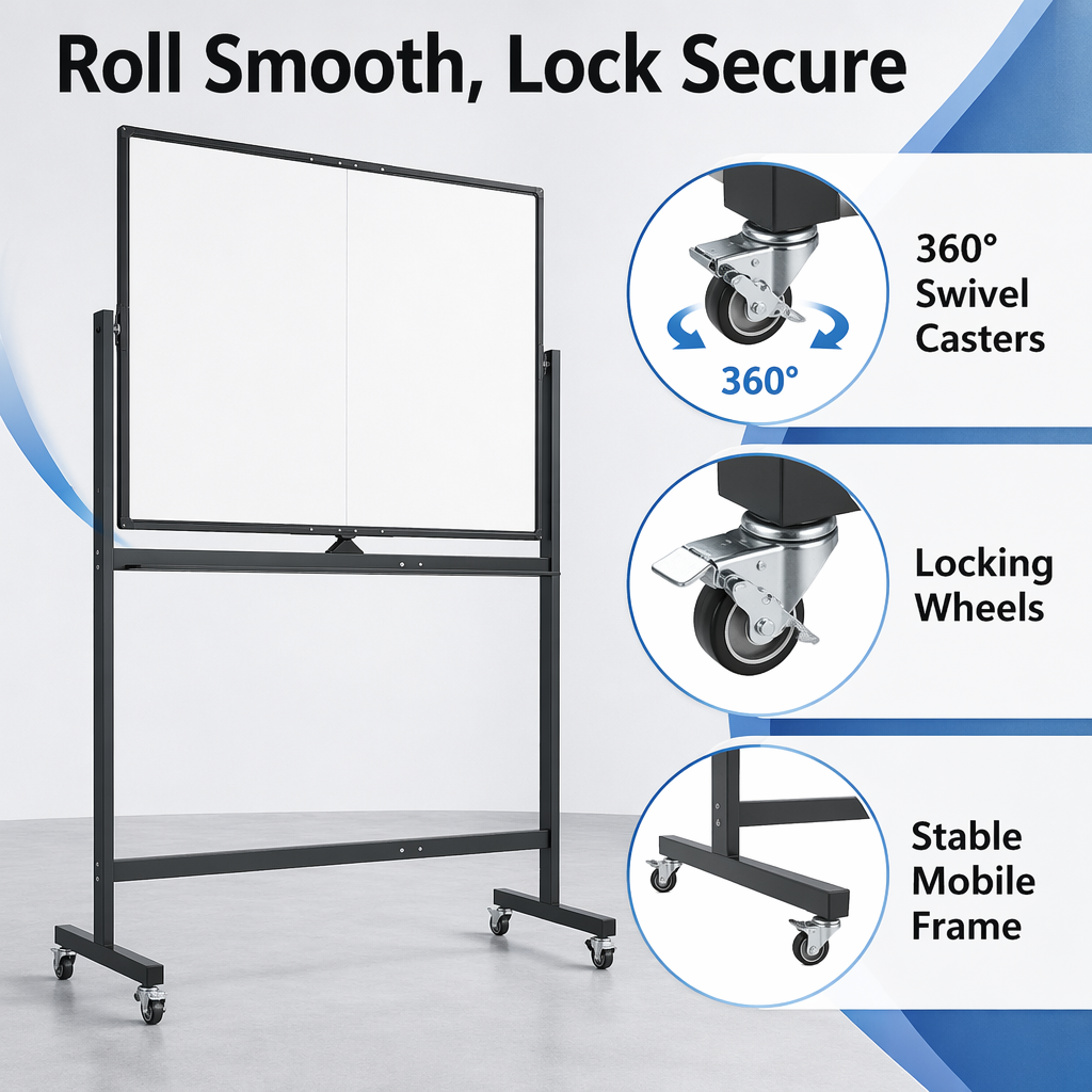 Double‑Sided Magnetic Rolling Dry Erase Whiteboard with Wheels, Mobile Standing Easel White Board with Metal Stand, Portable Reversible White Board for Home, Office, Classroom and School Use