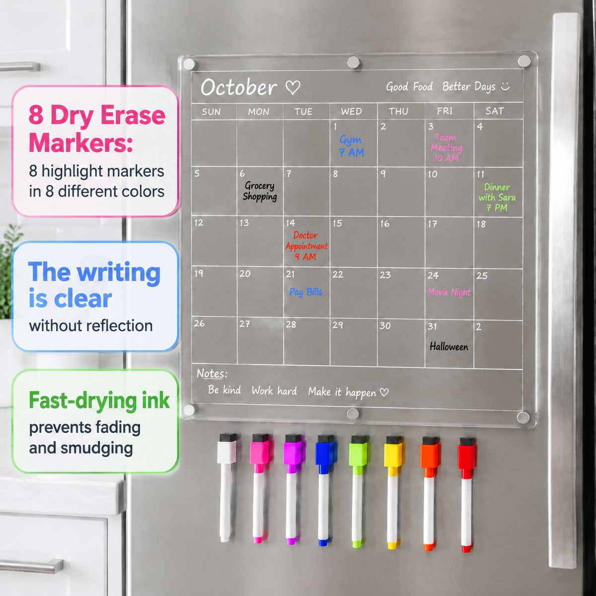 Clear magnetic acrylic monthly dry‑erase calendar for refrigerator, reusable fridge planning board complete with 8 vibrant color markers for household scheduling