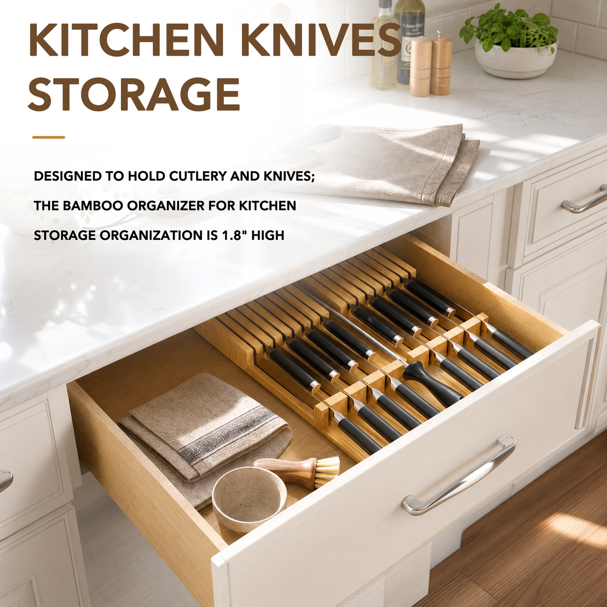 Bamboo kitchen knife drawer storage insert, practical knife holder block featuring 16 knife slots and 1 sharpener slot for drawer‑based kitchen utensil organization