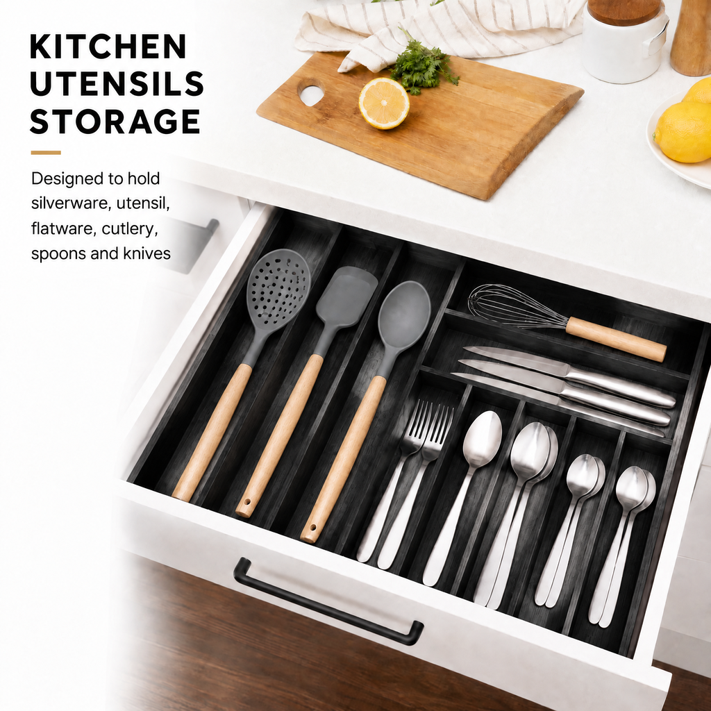 Expandable bamboo silverware drawer tray with labels, 10‑slot kitchen utensil holder for flatware, cutlery, spoons and knives for neat drawer storage organization