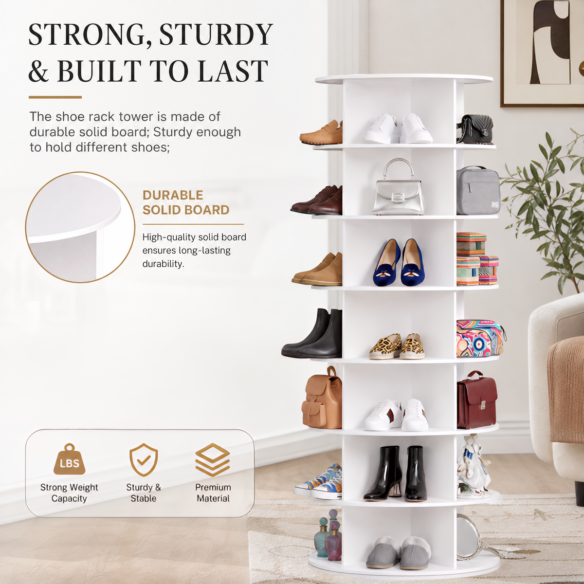 7‑tier rotating shoe rack tower, 360‑degree spinning lazy susan round carousel, vertical revolving storage organizer for shoes and handbags to optimize closet space