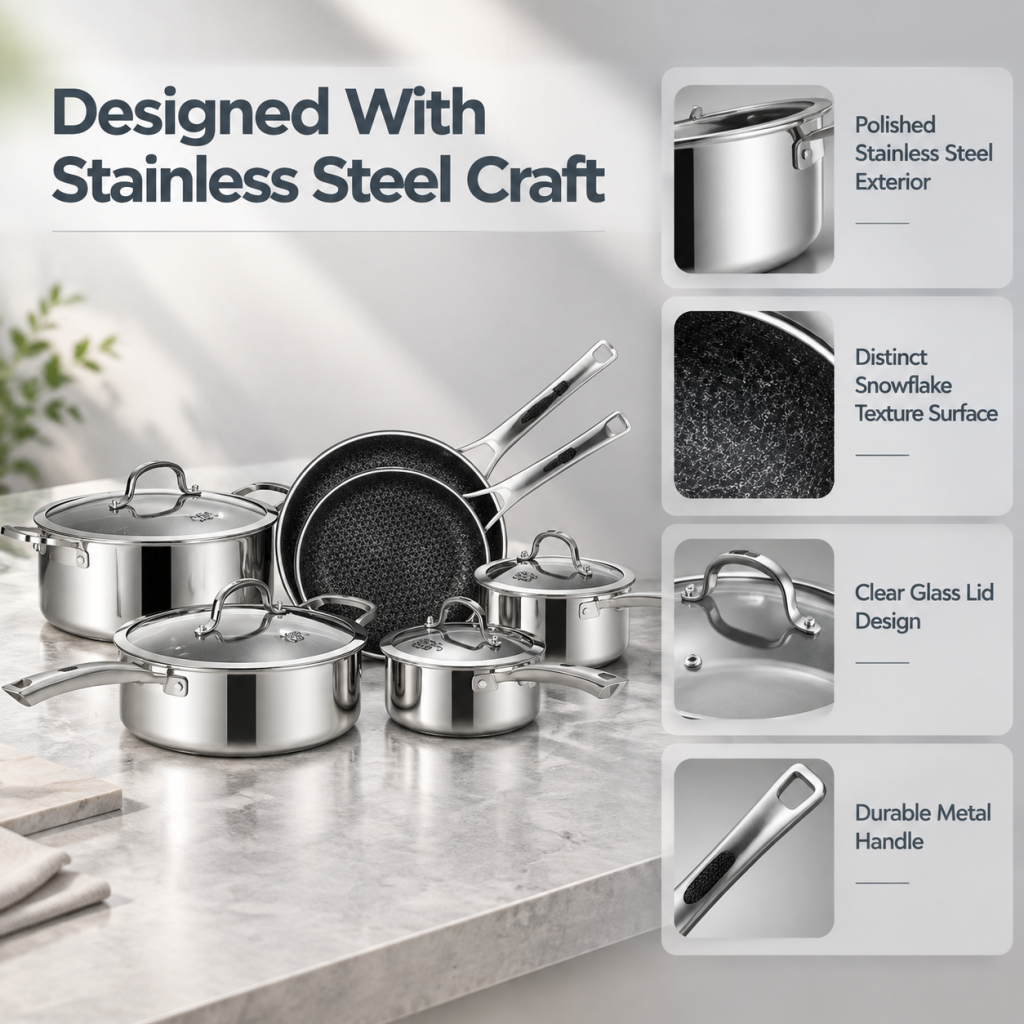 10‑Piece Hybrid Stainless Steel Cookware Set, Non‑Stick PFOA‑Free Pots and Pans, Induction Compatible Kitchenware with Frying Skillet, Saucepans, Saute Pan, Stock Pot