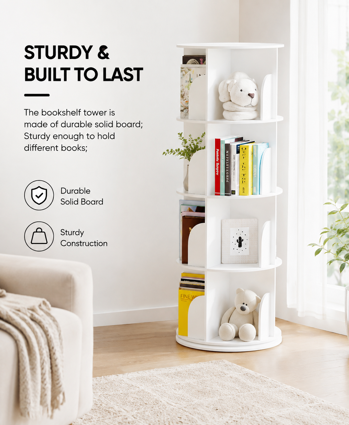 4‑Tier Rotating Bookshelf Tower, 360‑Degree Spinning Lazy Susan Bookcase, Round Revolving Carousel Storage Shelf, Vertical Spiral Corner Organizer for Home Storage