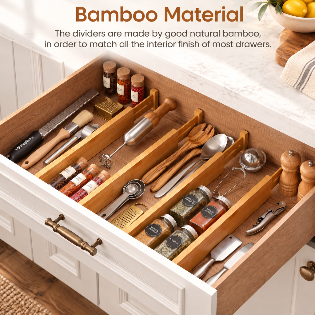 Expandable adjustable bamboo drawer dividers with label slots, set of 6 flexible drawer organizers for kitchen, dressers, bathroom and home office storage
