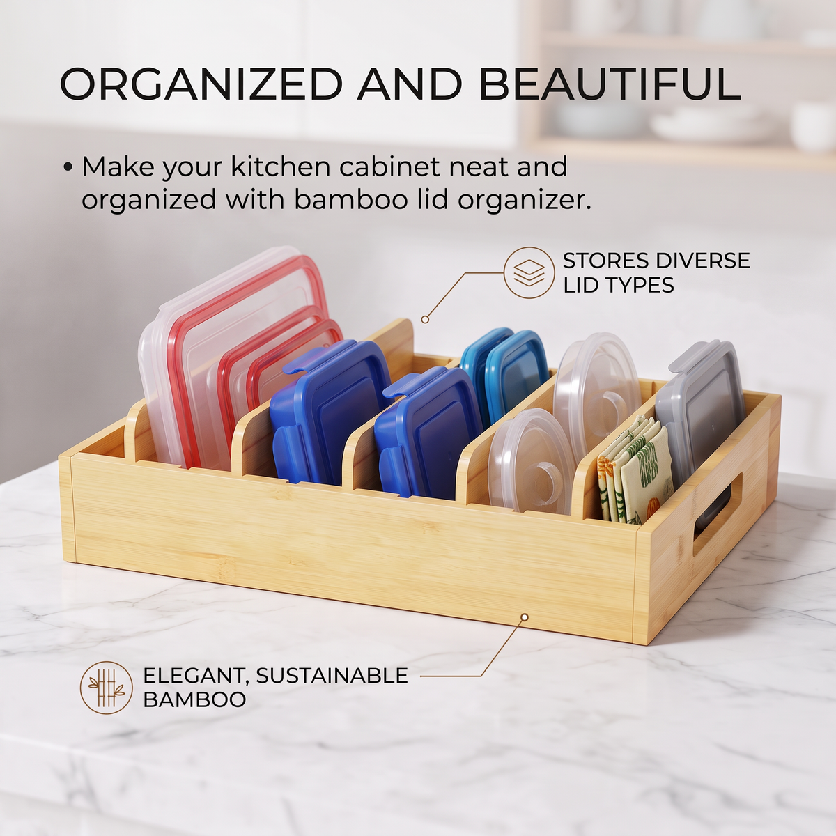 Bamboo Food Storage Lid Organizer, Adjustable Kitchen Cabinet Pantry Lid Holder with 5 Removable Dividers, Container Lid Storage Solution for Kitchen Organization