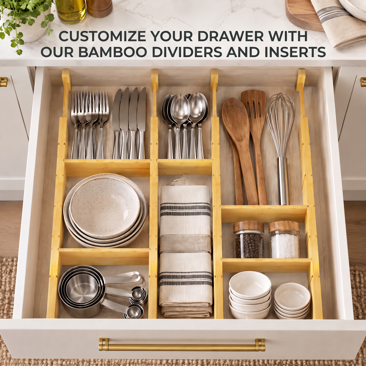 Bamboo Drawer Dividers with Inserts and Labels, Expandable Adjustable Kitchen Drawer Organizer, 4 Dividers with 9 Inserts for Home, Office and Dresser Storage