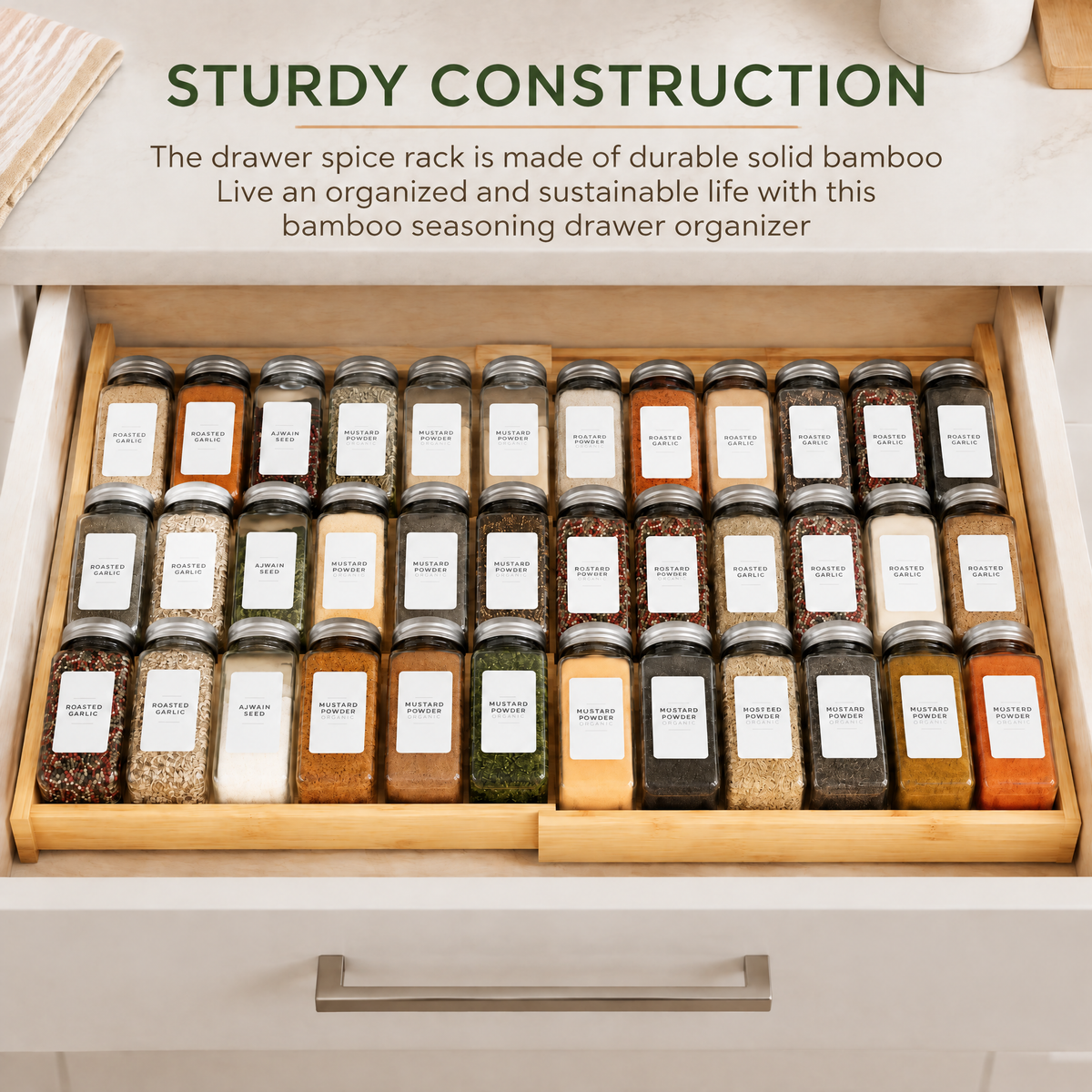 Expandable 4‑tier bamboo spice drawer insert, adjustable seasoning storage rack for kitchen cabinet organization, spice jars are not included