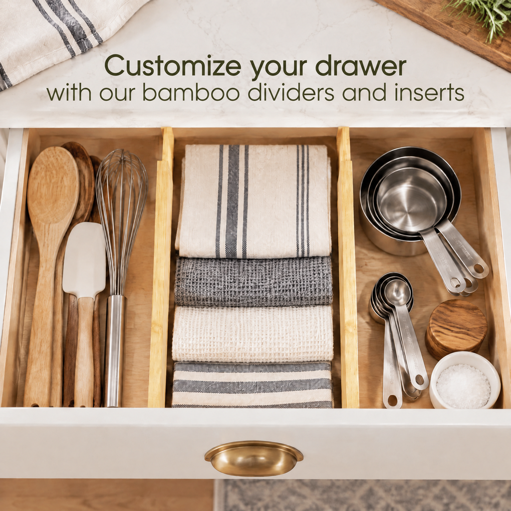 Expandable adjustable bamboo deep drawer dividers with labels, set of 2 sturdy drawer organizers for kitchen, dressers, bathroom and home office storage