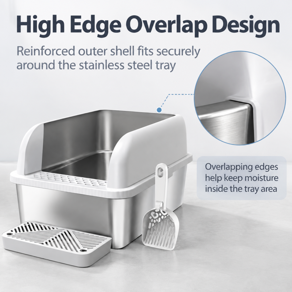 Enclosed Stainless Steel Cat Litter Box for Big Cats, Extra Large Hooded Metal Kitty Litter Pan, Odor Control Anti-Splash Cat Toilet for Indoor Large Breeds