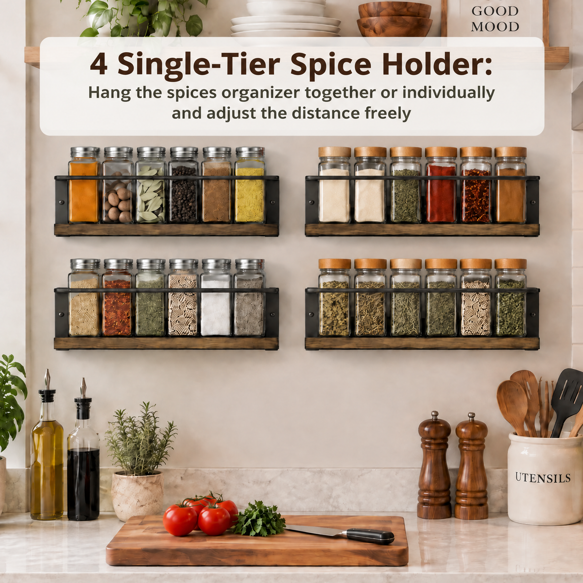 4‑pack wooden hanging spice shelf organizer for cabinet door or wall mounting, complete with 415 spice labels for cupboard, pantry and over‑the‑stove seasoning storage