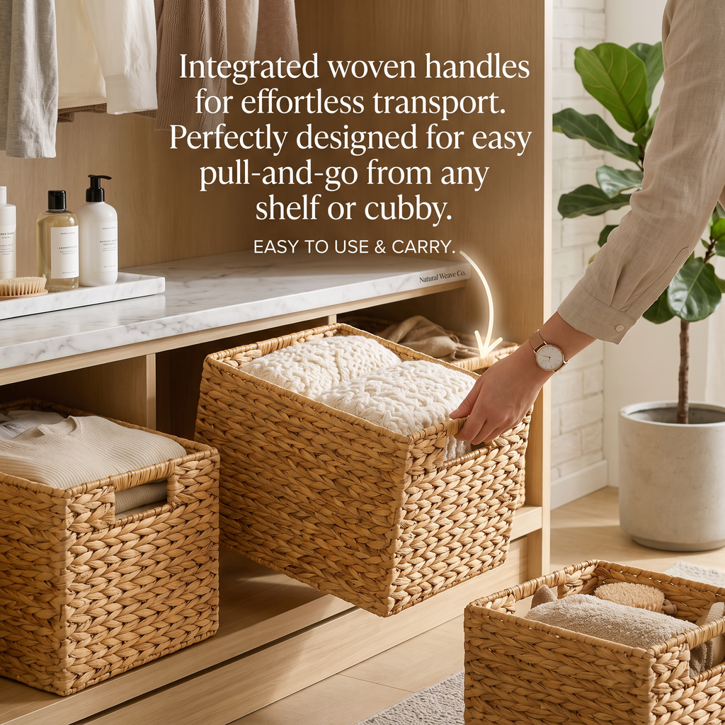 4‑pack large water hyacinth wicker storage baskets with handles, hand‑woven rattan cube organizer bins for shelves, closet and household space organization