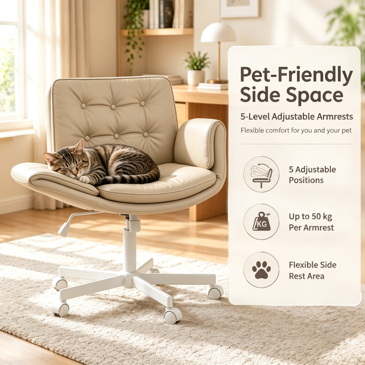 Criss Cross Swivel Office Chair with Wheels, Cross-Legged Makeup Vanity Desk Chair, Wide PU Leather Seat, 5-Gear Adjustable Armrests, Pet-Friendly Armchair for Office
