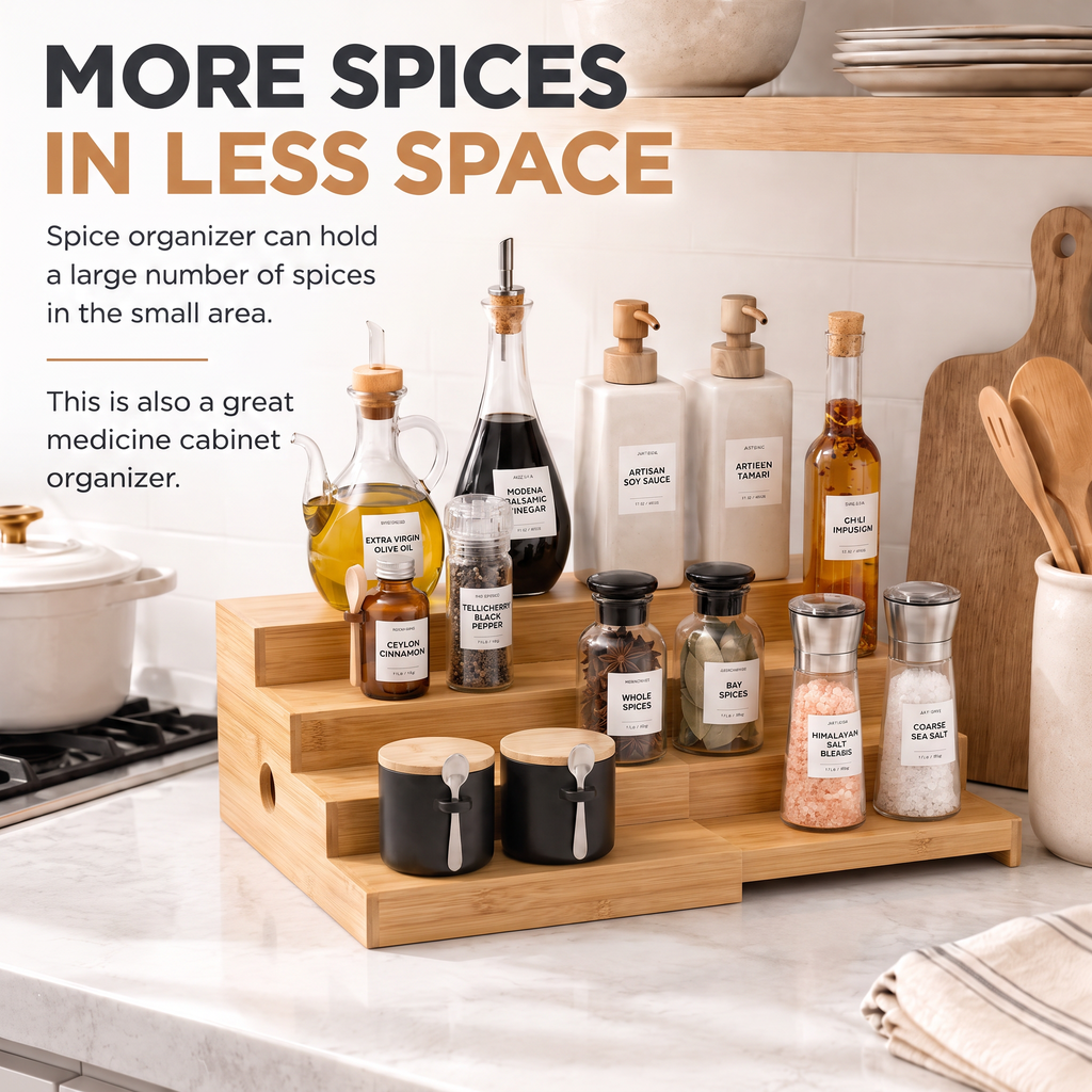 4‑Tier Bamboo Spice Rack Organizer for Kitchen Cabinets, Tiered Wood Seasoning and Can Goods Storage Shelf, Practical Pantry Organization Rack for Spices & Condiments