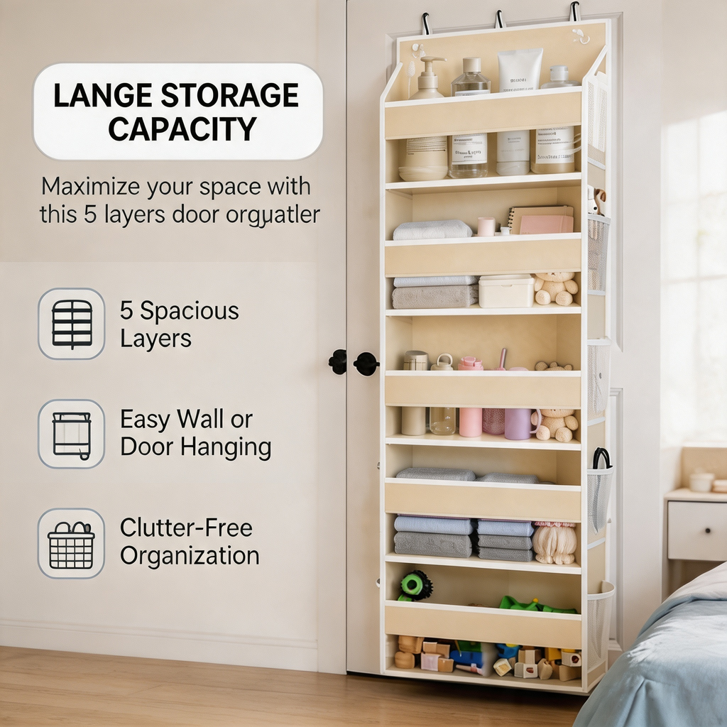 1‑pack 5‑layer over‑the‑door hanging storage organizer with clear window, featuring 5 large main pockets and 10 mesh side pockets for bedroom, bathroom, pantry and nursery tidy‑up