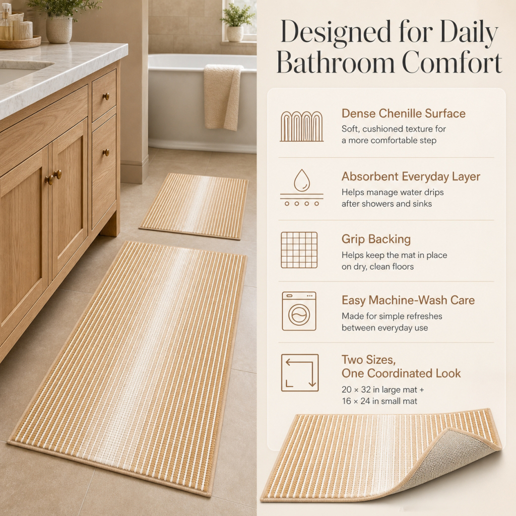2‑Piece Boho Bathroom Rug Set, Soft Striped Chenille Non‑Slip Bath Mats, Quick‑Dry Absorbent Machine‑Washable Shower Floor Rugs for Bathroom and Bedroom Home Decor