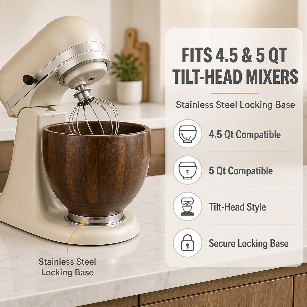 Natural Acacia Wood Mixing Bowl for Stand Mixer, Fits 4.5 & 5 QT Tilt-Head Mixers