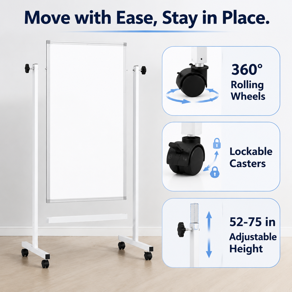 Adjustable Rolling Magnetic Whiteboard with Wheels, Portable Standing Dry Erase Easel for Home, Office, Classroom and School