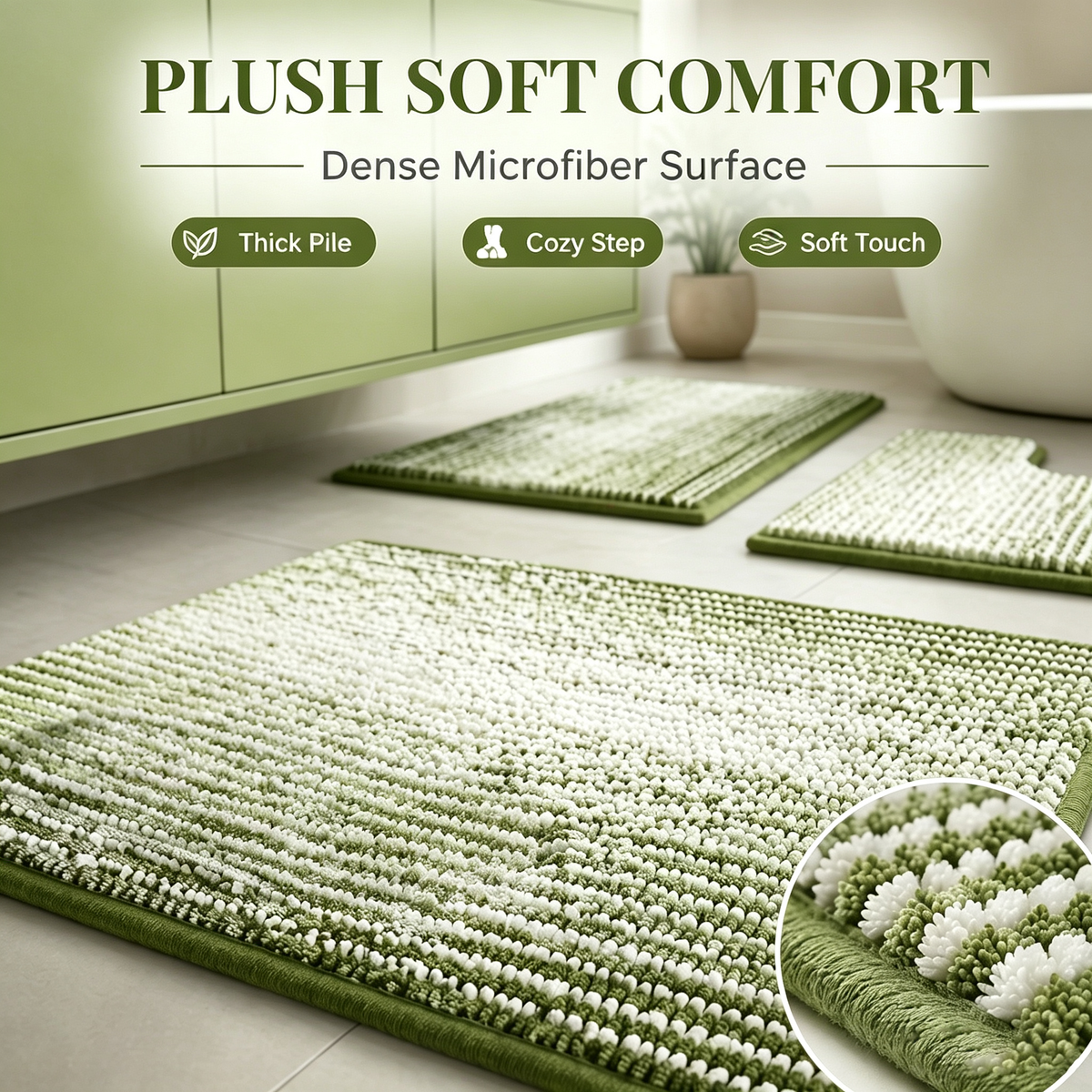 3‑Piece Sage Bathroom Rug Set, Soft Striped Chenille Bath Mats with U‑Shaped Toilet Mat, Non‑Slip Absorbent Thick Quick‑Dry Machine Washable Shower Floor Rugs for Bathroom