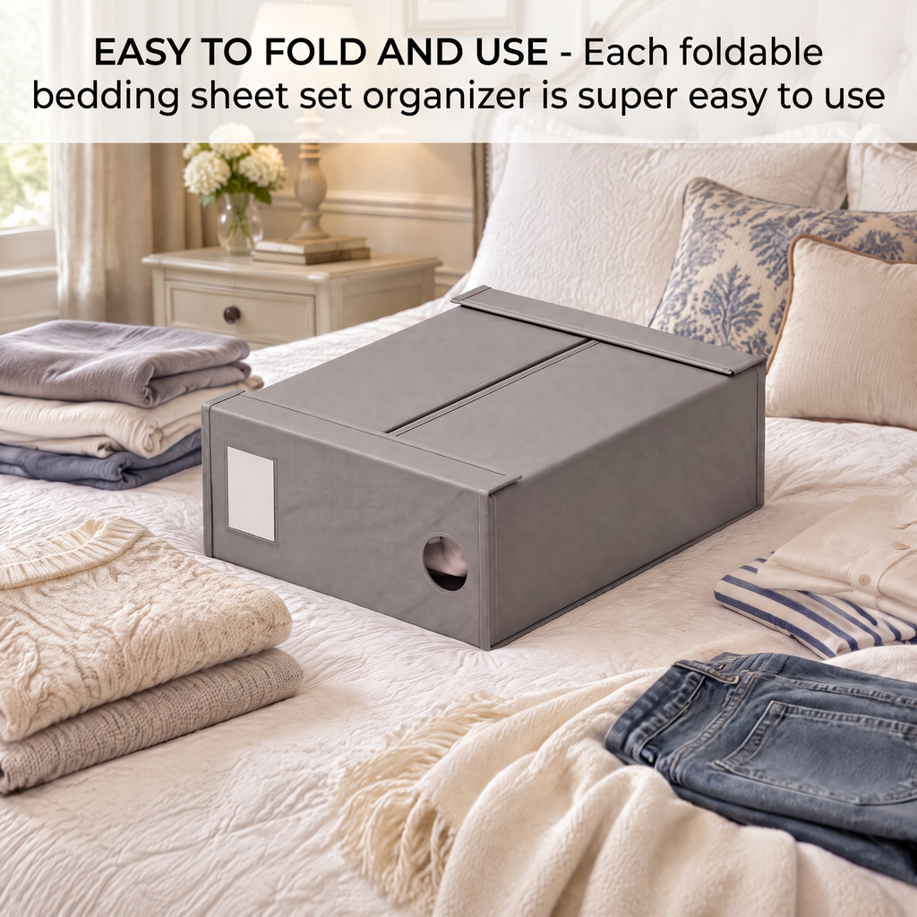 6‑pack foldable bed sheet storage organizers with transparent window, bedding set folder keepers designed for linen closet, compatible with queen and king size bedding sets