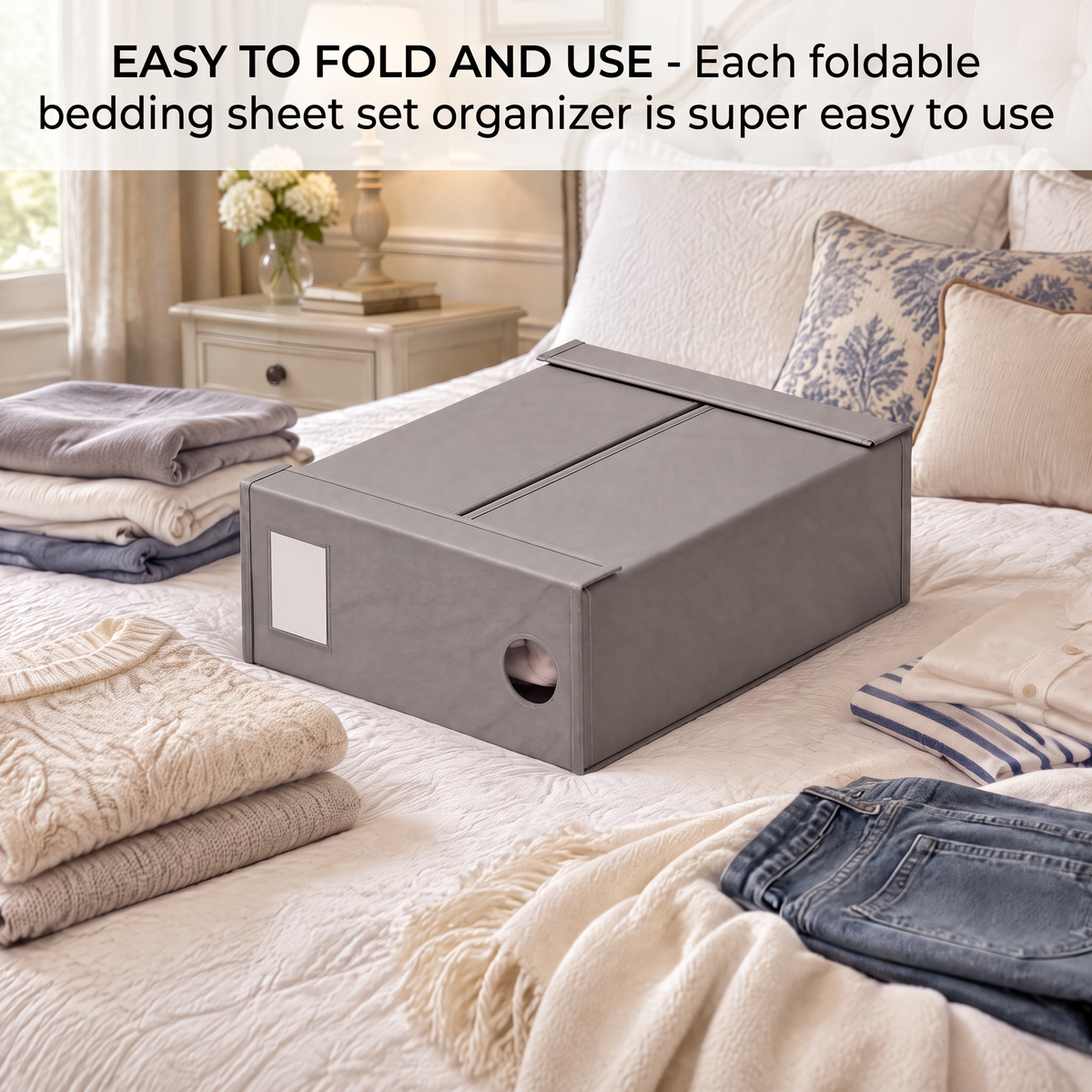 6‑pack foldable bed sheet storage organizers with transparent window, bedding set folder keepers designed for linen closet, compatible with queen and king size bedding sets