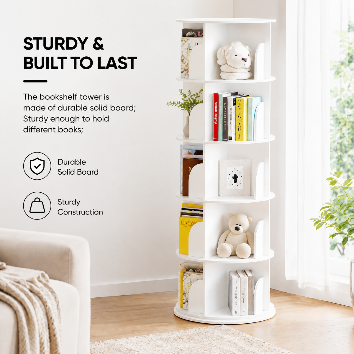 360° Revolving Round Carousel Bookshelf, 5‑Tier Spinning Lazy Susan Book Tower, Vertical Rotating Spiral Corner Storage Organizer for Bedroom and Living Room