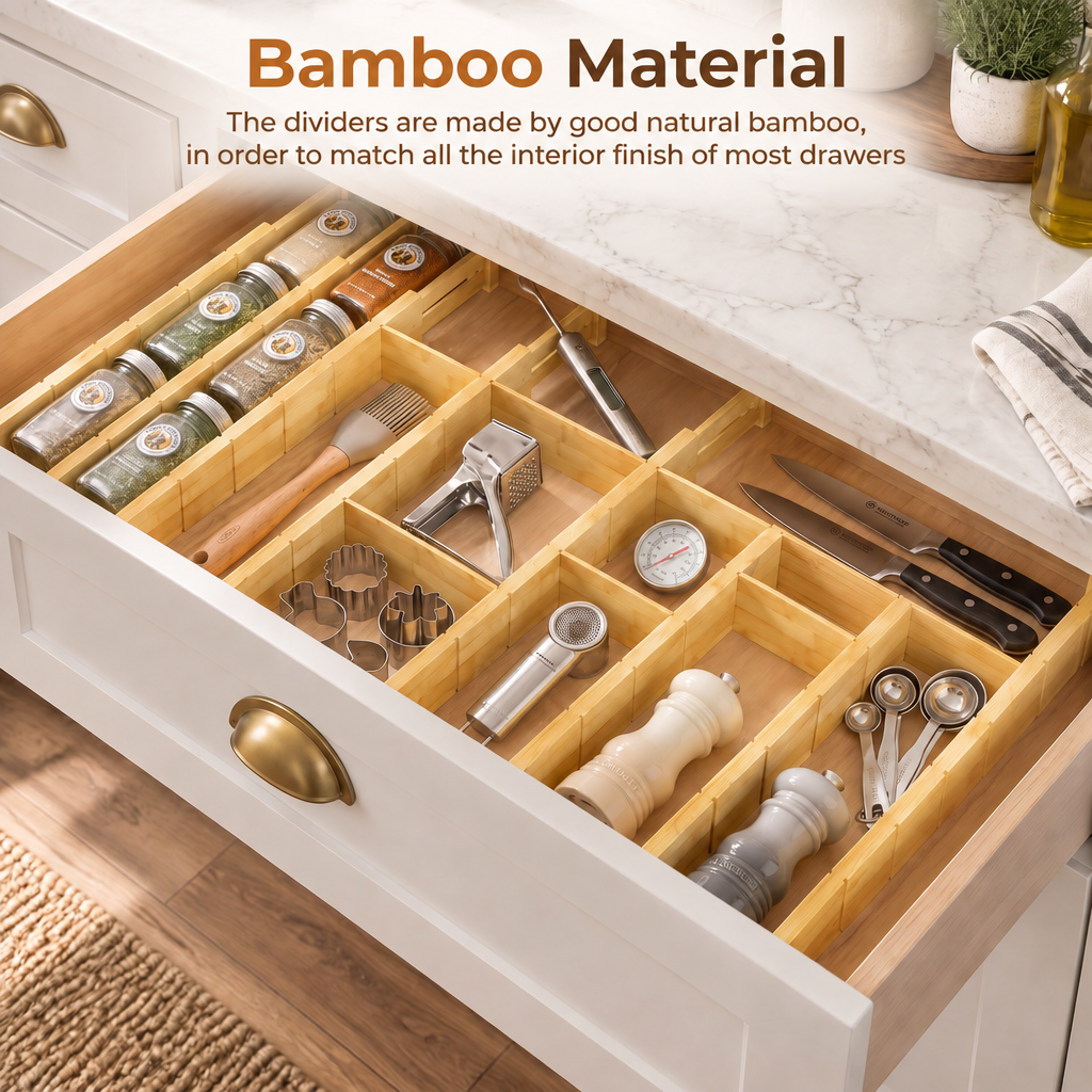 Expandable adjustable bamboo drawer dividers with inserts and labels, set of 8 dividers plus 18 inserts for kitchen, dressers, bathroom and home office storage