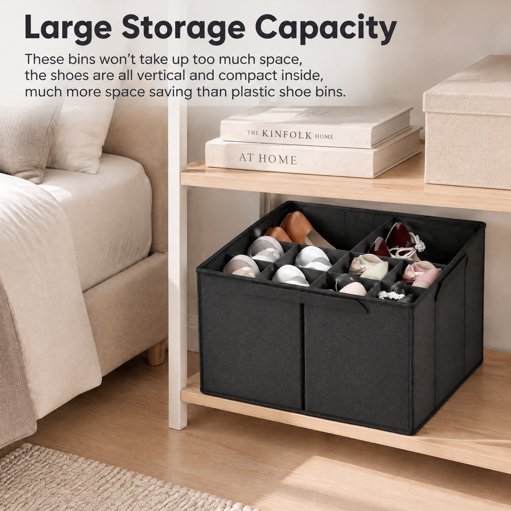 2‑pack foldable closet shoe storage bins with adjustable dividers, flexible shoe organizer containers that accommodate 16 to 32 pairs for bedroom closet footwear organization