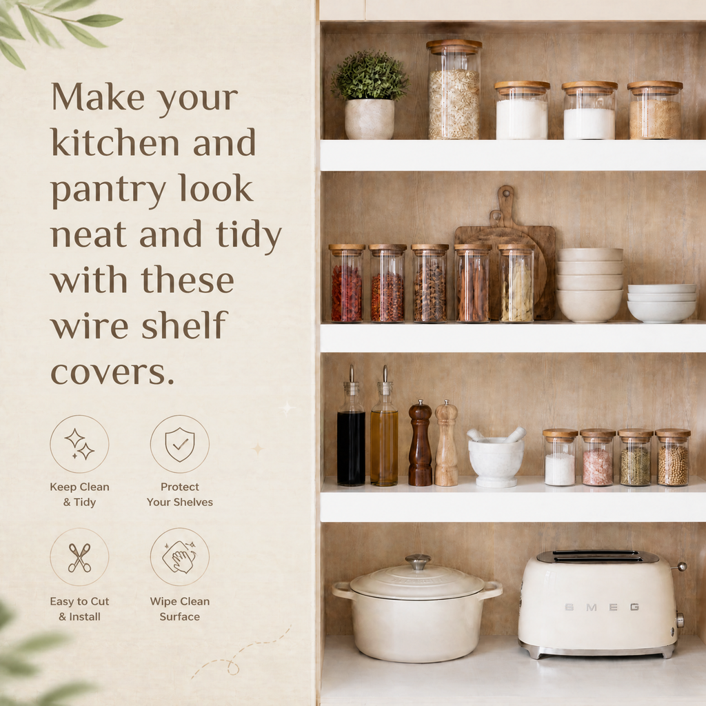 4‑pack durable pvc wire shelf covers, 0.31‑inch thick waterproof shelf liners designed for pantry, closet and kitchen wire rack shelving protection