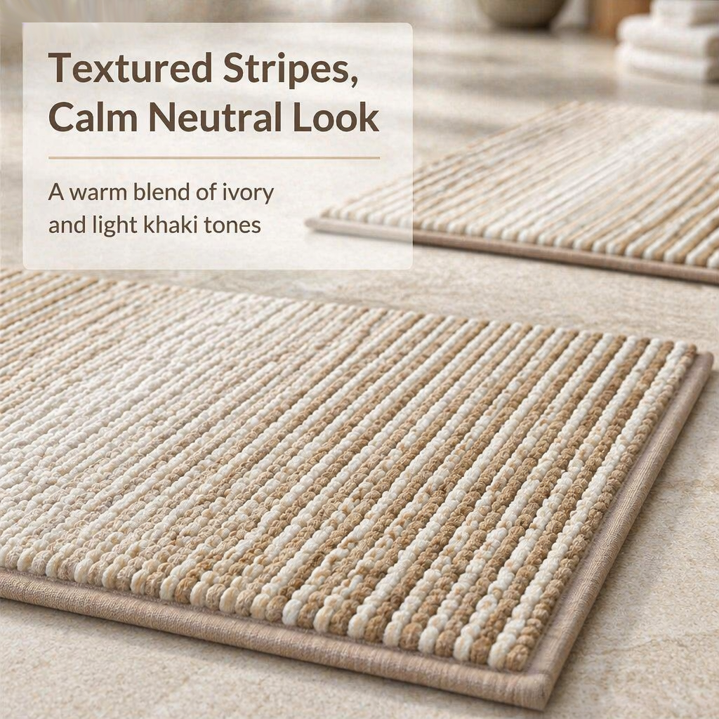 Boho Striped Chenille Bath Mat Set of 2, Absorbent Quick‑Dry Non‑Slip Bathroom Rugs, Machine Washable Shower Floor Carpets for Bathroom & Bedroom Decoration
