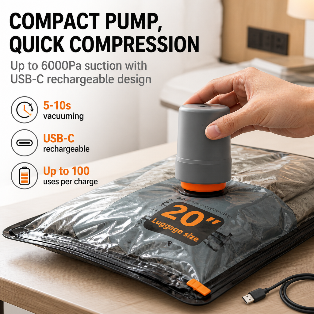 16‑combo travel vacuum compression packing cubes with cordless electric pump, space‑saving clothing luggage organizer, essential travel supplies for vacation and cruise suitcase packing