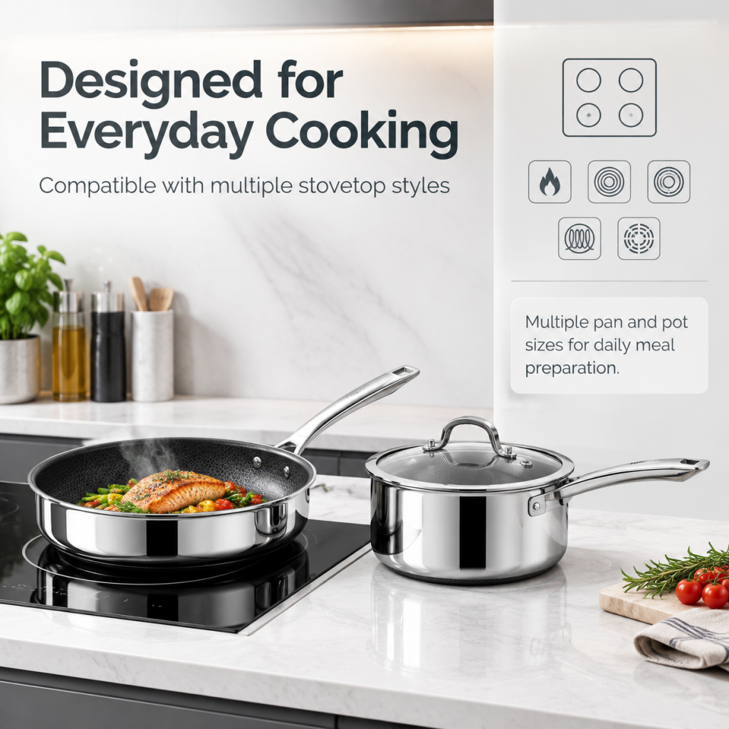 14‑Piece Hybrid Stainless Steel Cookware Set, Non‑Stick PFOA‑Free Pots and Pans, Induction Compatible Kitchenware with Frying Skillet, Saucepans, Saute Pan, Stock Pot