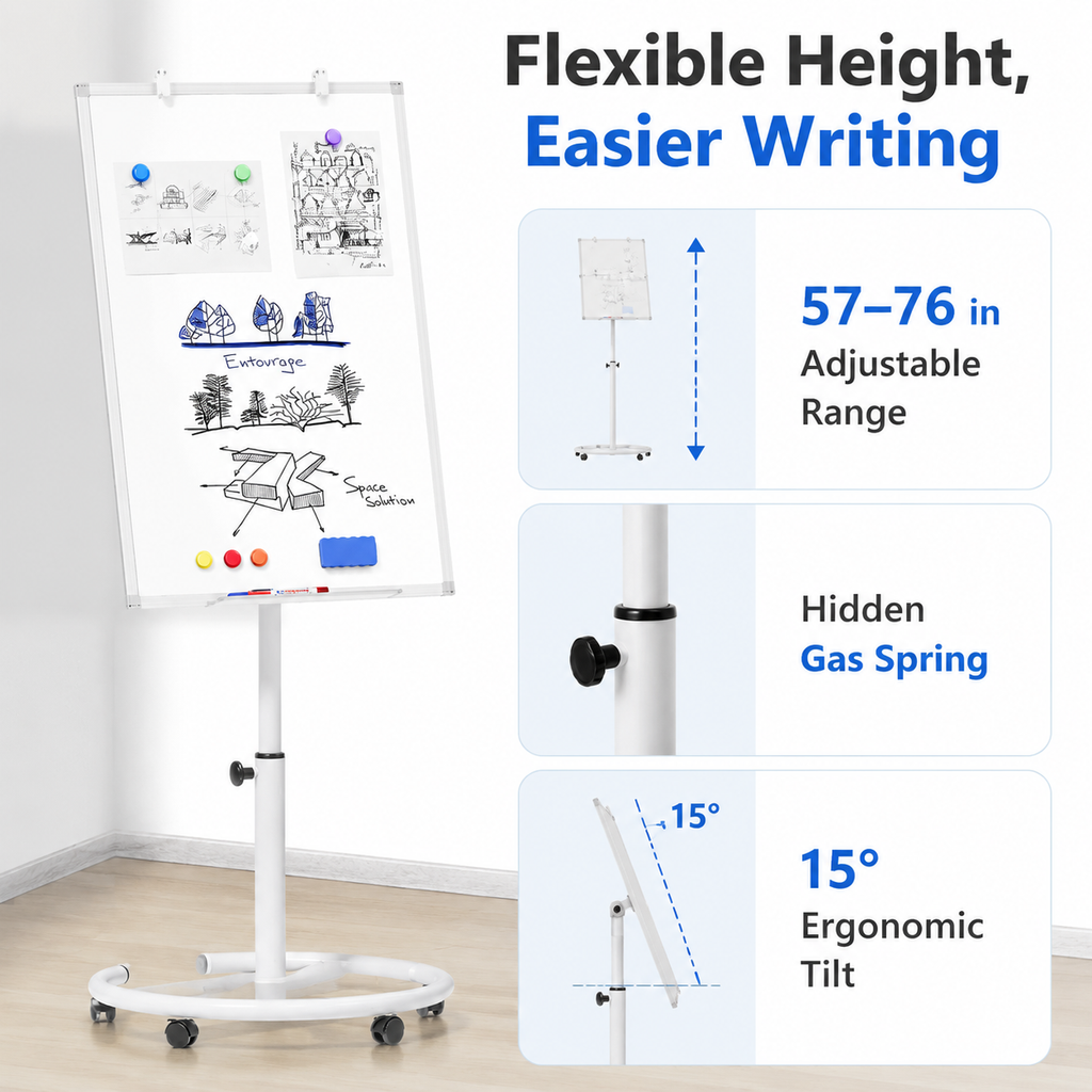 Adjustable Rolling Magnetic Whiteboard, Portable Dry Erase Easel with Circular Stand & Wheels, for Classroom, Office and Homeschool