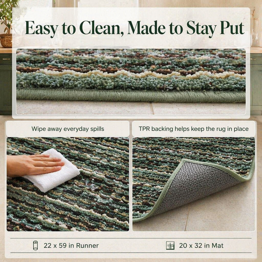 2‑Piece Kitchen Rug Set, Vintage Farmhouse Non‑Slip Floor Mats with Rubber Backing, Stain‑Resistant Washable Runner Rugs for Kitchen, Hallway, Entryway and Laundry Room