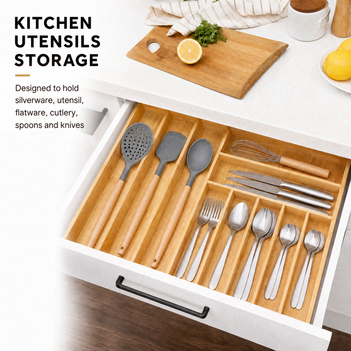 Expandable bamboo silverware drawer tray with labels, 10‑slot kitchen utensil holder for flatware, cutlery, spoons and knives for neat drawer storage organization