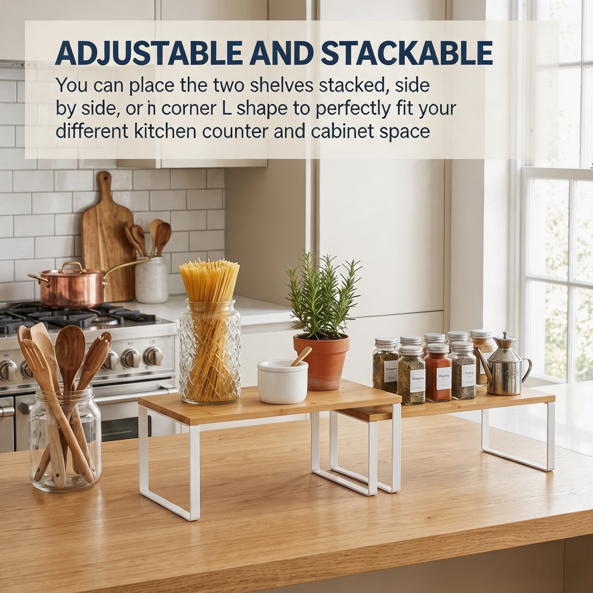 2‑Pack Cabinet Shelf Organizers, Stackable Expandable Kitchen Counter Shelf Riser, Multi‑Purpose Spice Rack for Pantry and Cupboard Storage Organization