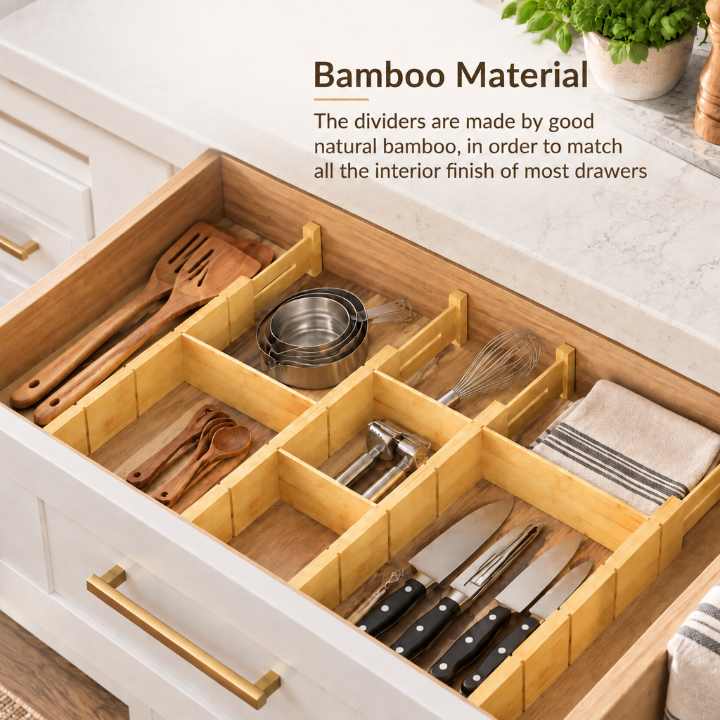 Adjustable Bamboo Drawer Divider Organizer with Inserts & Labels, Expandable Drawer Separators, 4‑Divider 9‑Insert Set for Kitchen, Dresser and Office