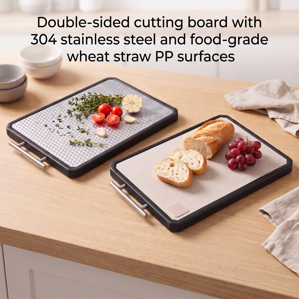 Double‑Sided 304 Stainless Steel Cutting Board, Food‑Grade Wheat Straw PP Reversible Kitchen Chopping Board, Scratch‑Resistant Dishwasher‑Safe Food Prep Surface for Home Cooking