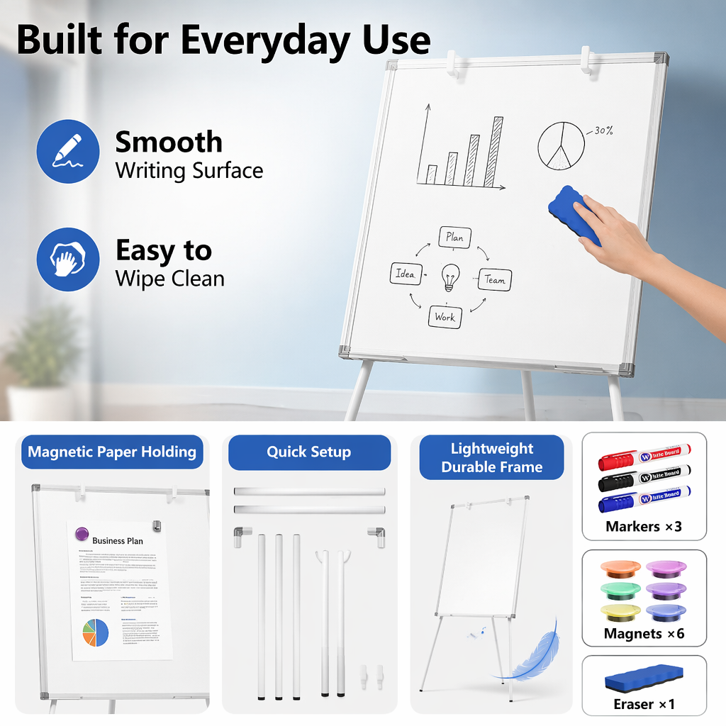 Tripod Magnetic Dry Erase Easel, Height Adjustable Portable Whiteboard for Home, Office & Classroom