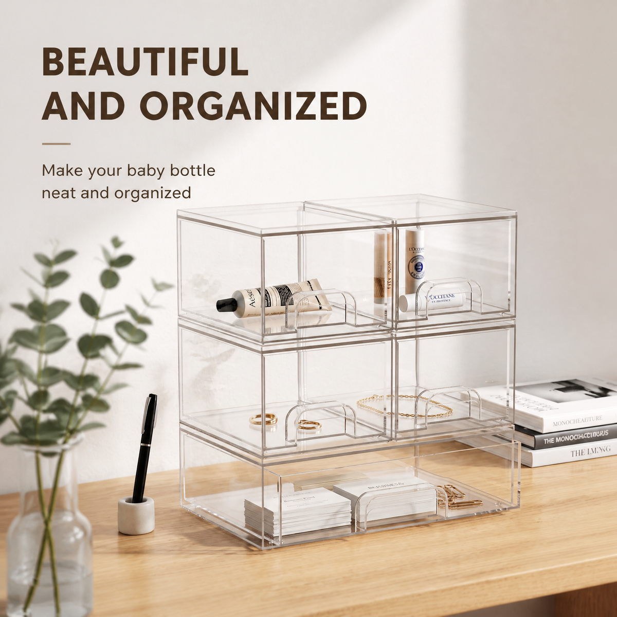 5‑pack stackable clear acrylic bottle storage drawers (2S 2M 1L), multi‑purpose baby bottle station organizer for countertop, vanity, bathroom, cabinet and pantry organization